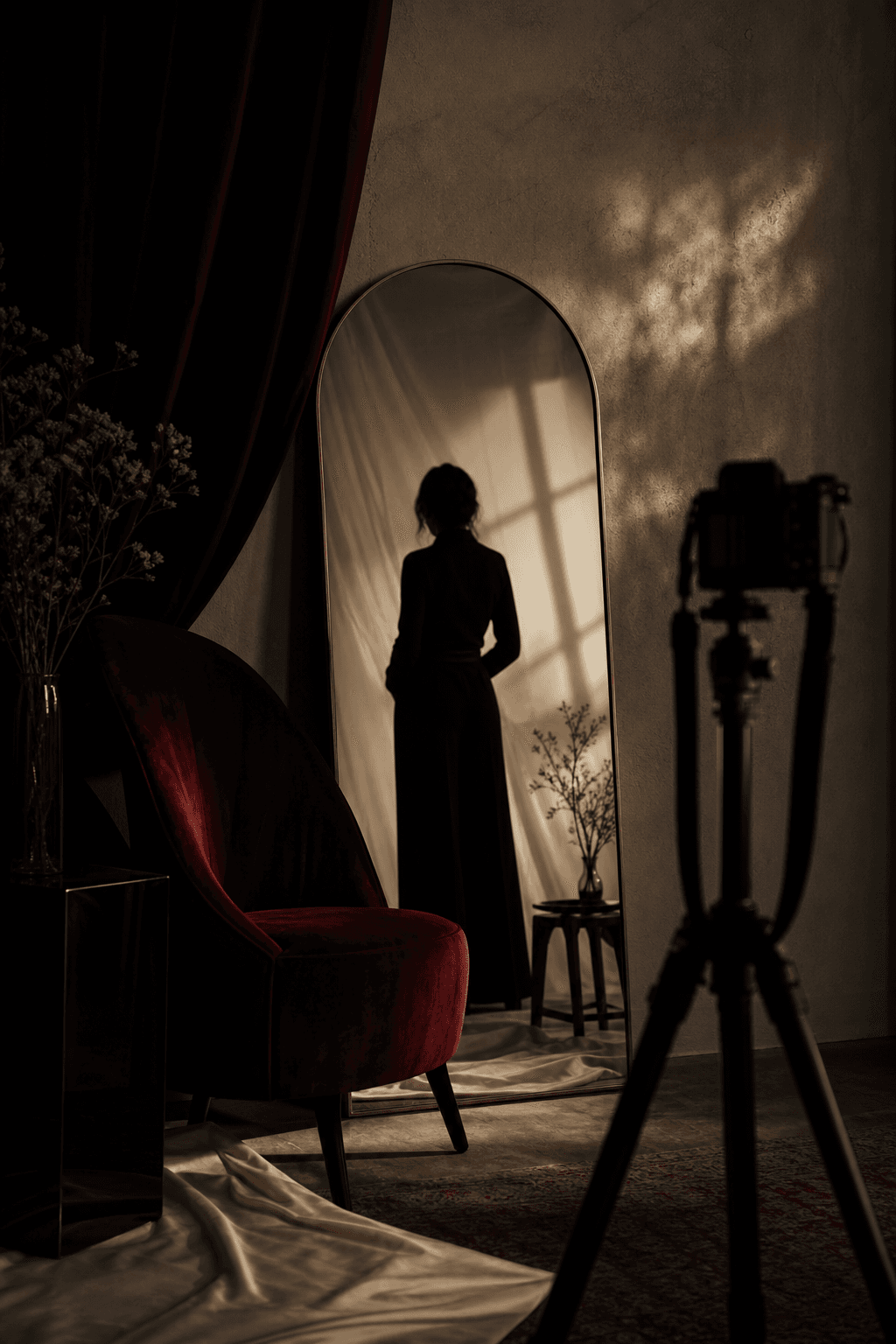A private studio mirror, velvet chair, and camera in warm shadow