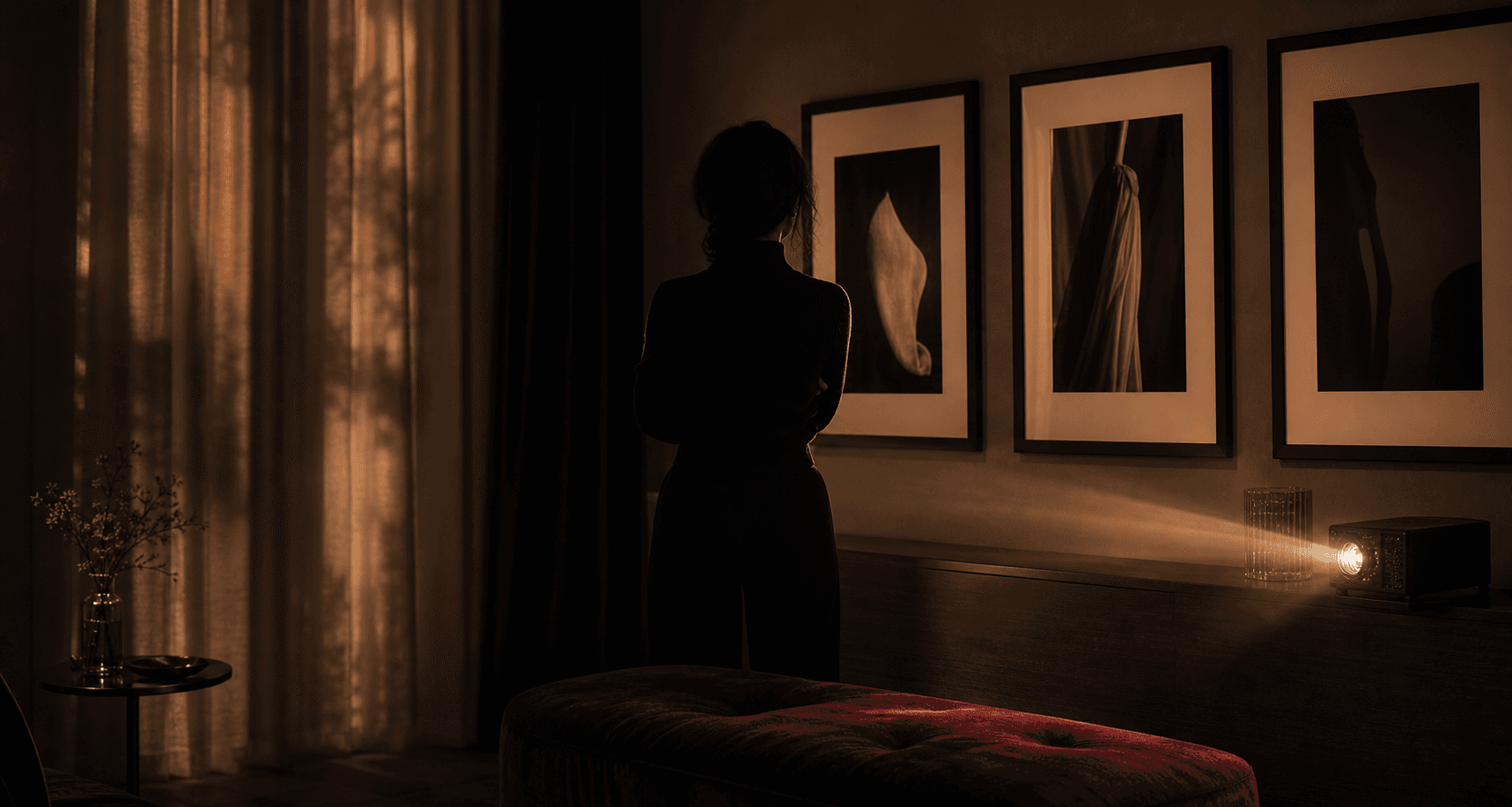 A warm photography viewing room with projected light and framed prints
