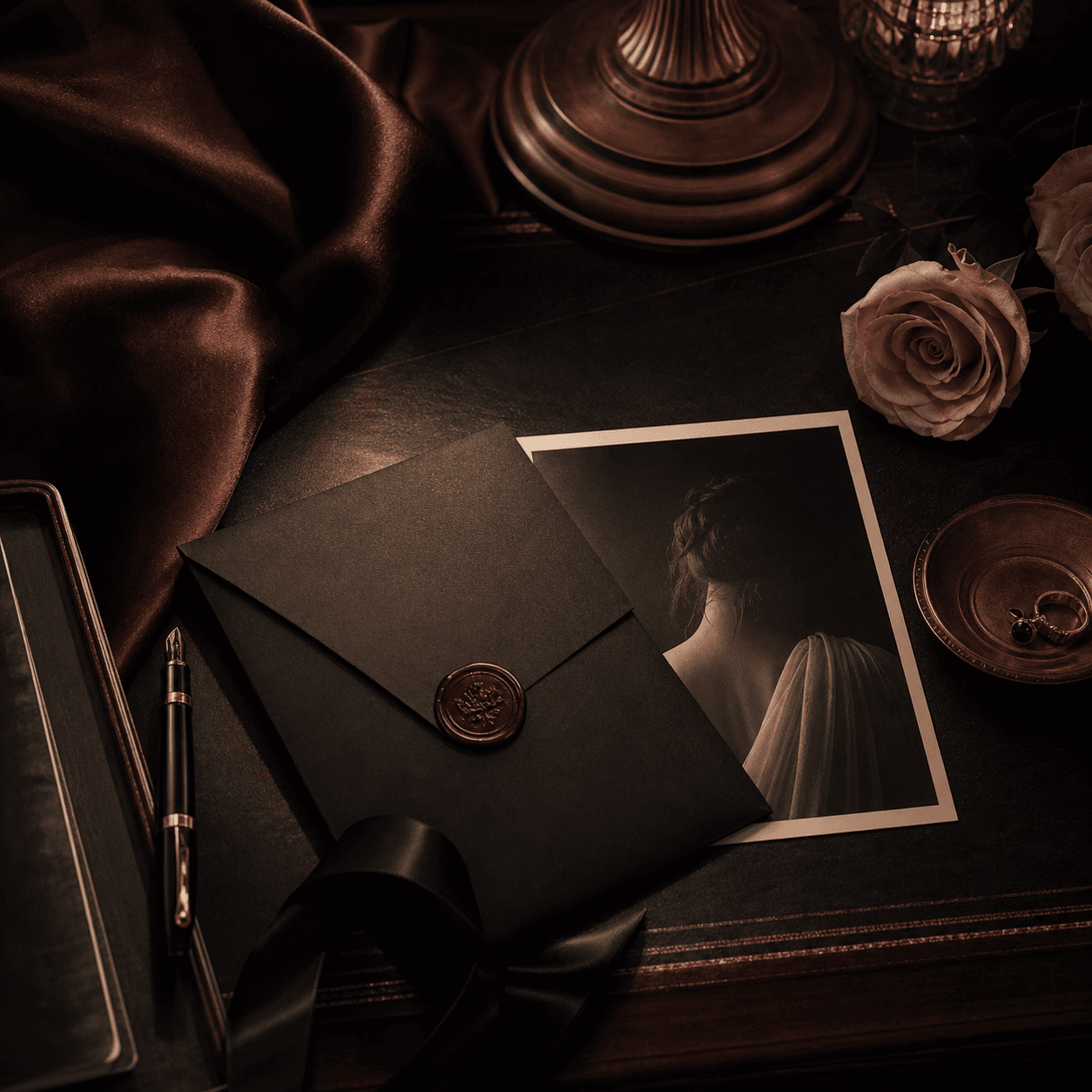 A sealed black envelope, rose, satin, and a private printed portrait
